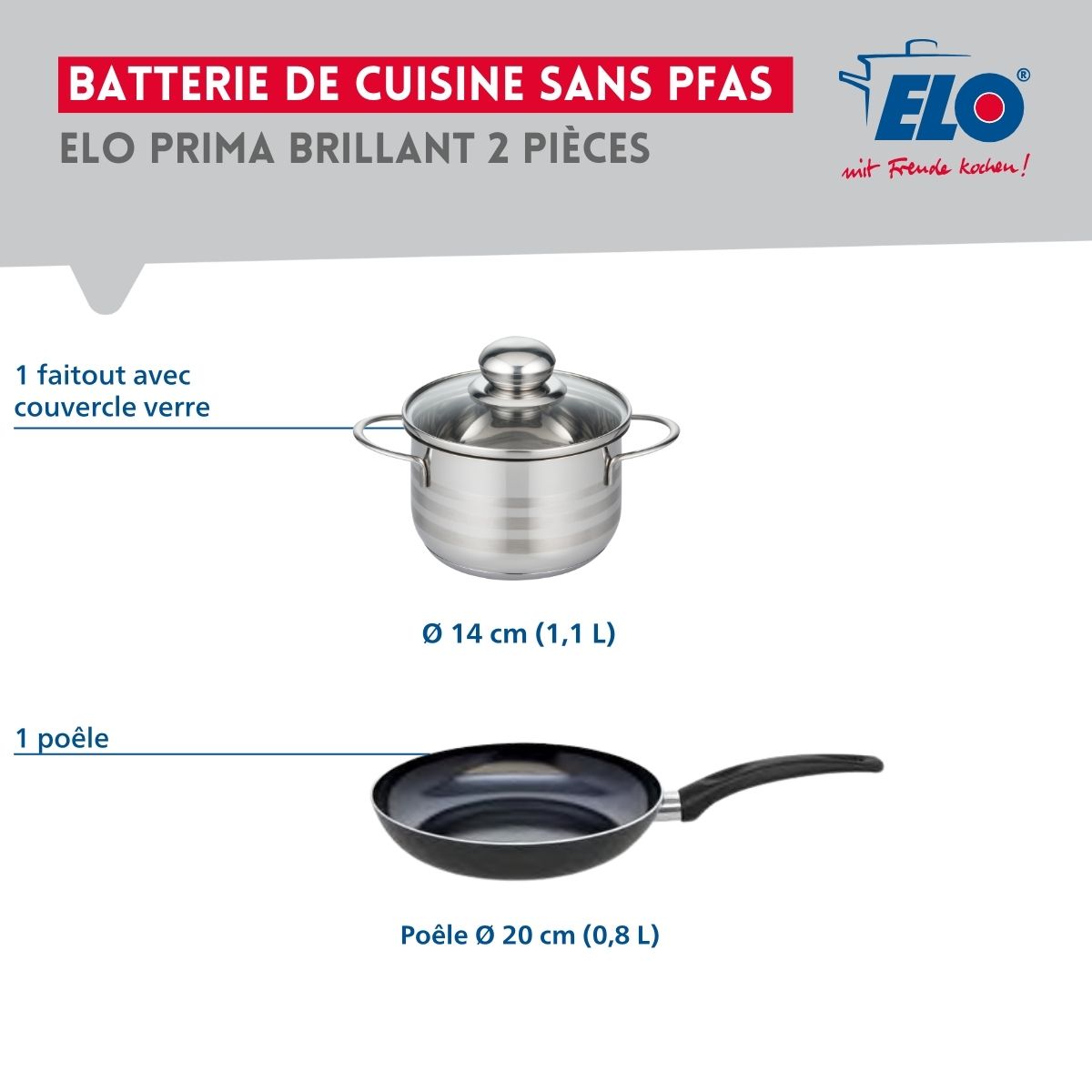 Ensemble de 1 Poêle de cuisson 20 cm et 1 faitout 14 cm  Prima Brillant Elo - Mathon - 2