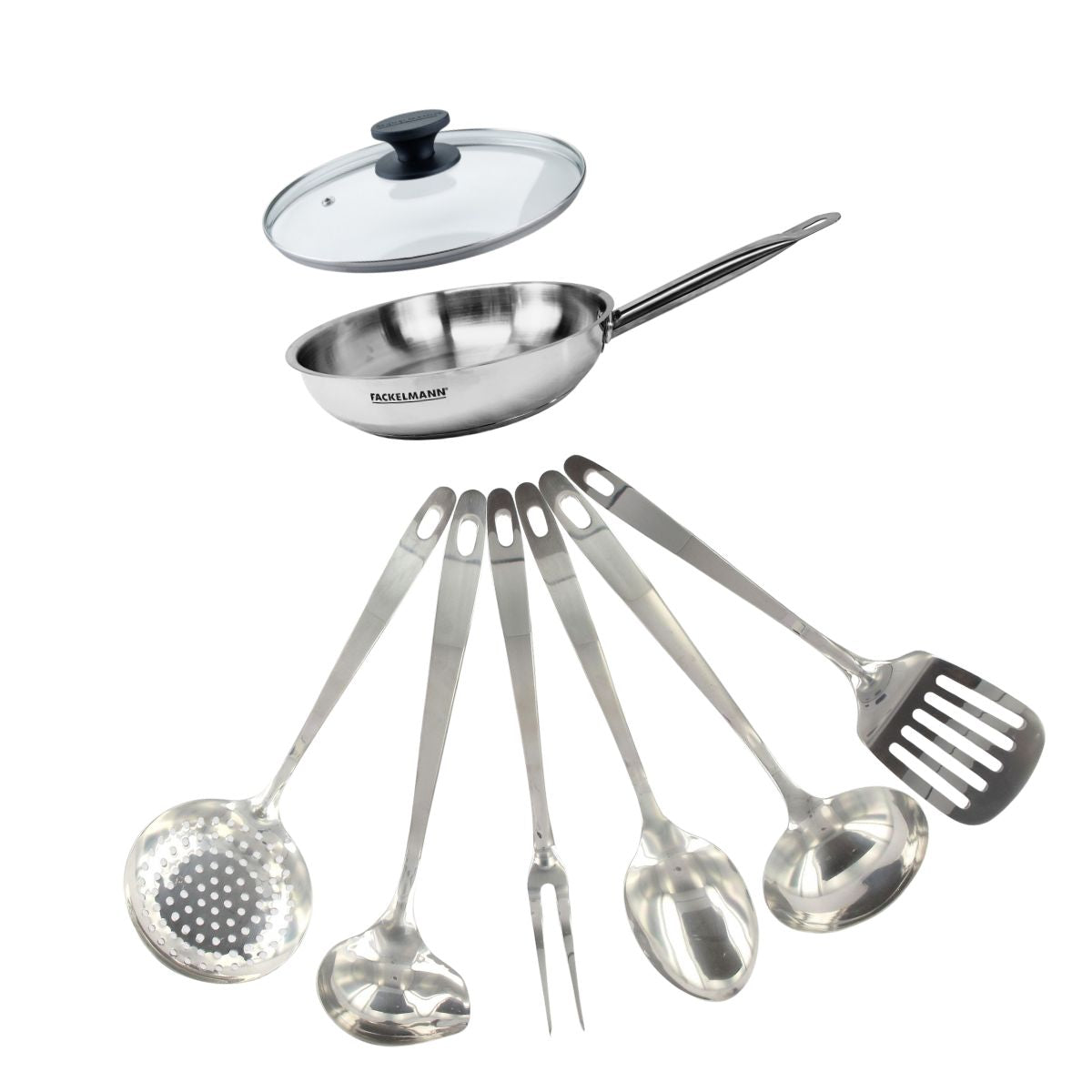 Set poêle 20 cm en inox, couvercle verre et 6 ustensiles inox  Eterna Fackelmann - Mathon - 1