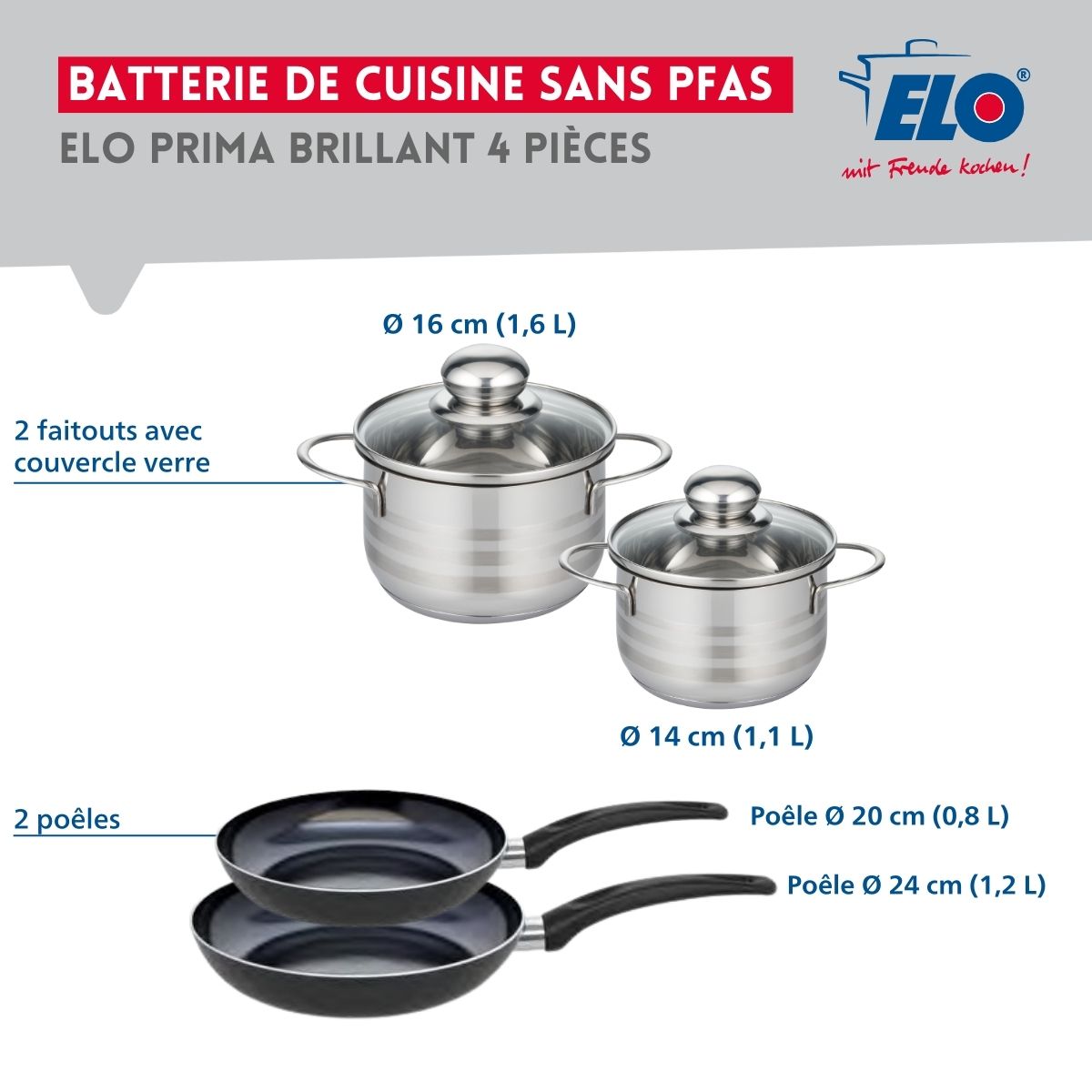 Ensemble de 2 Poêles de cuisson 20 et 24 cm et 2 faitouts 14 et 16 cm  Prima Brillant Elo - Mathon - 2