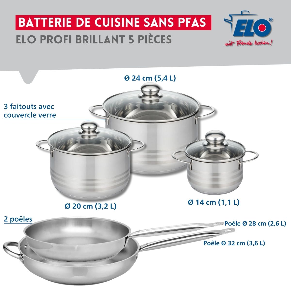 Ensemble de 2 Poêles de cuisson 28 et 32 cm et 3 faitouts 14, 20 et 24 cm  Profi Brillant Elo - Mathon - 2