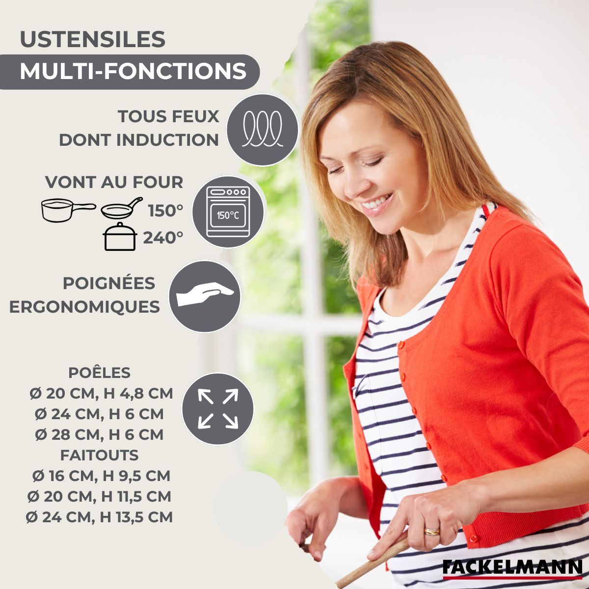 Set 3 poêles 20 24 28 cm, 3 faitouts 16, 20 et 24 cm en inox et 6 ustensiles inox  Geneva Fackelmann - Mathon - 3