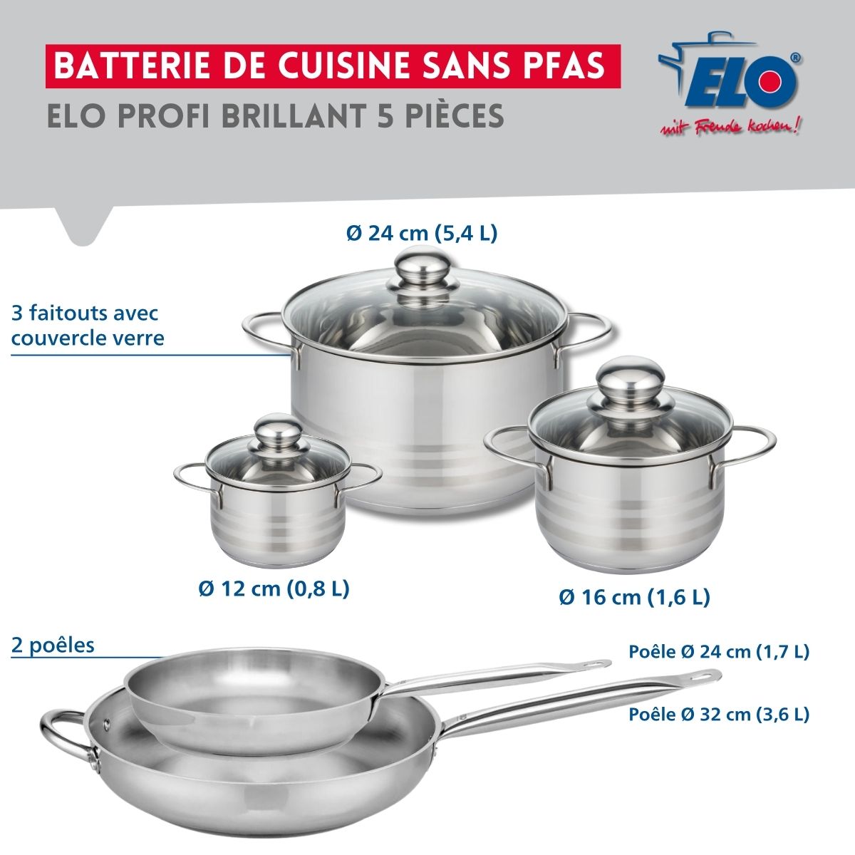 Ensemble de 2 Poêles de cuisson 24 et 32 cm et 3 faitouts 12, 16 et 24 cm  Profi Brillant Elo - Mathon - 2