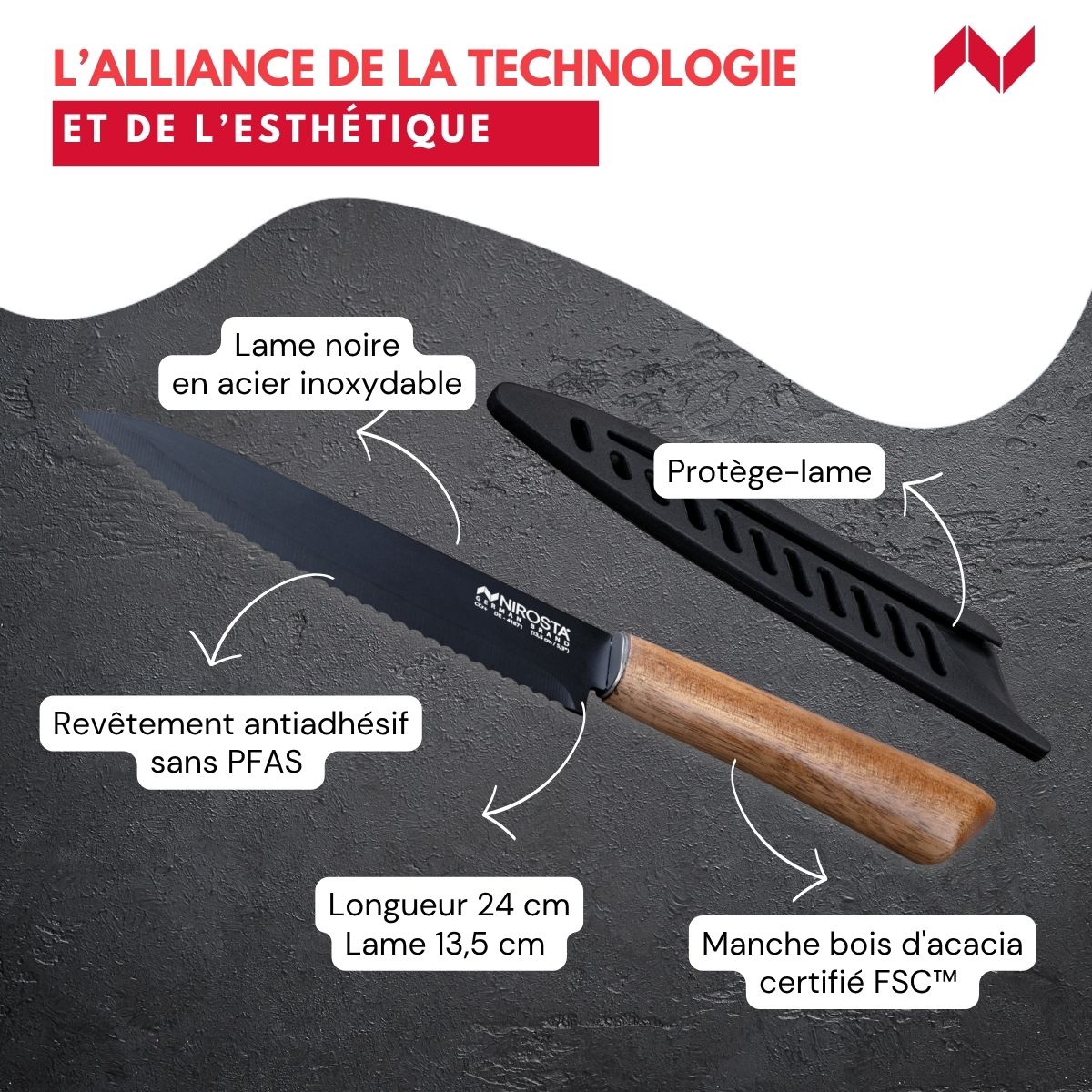 Couteau de cuisine lame crantée 24 cm  Flow Nirosta - Mathon - 3
