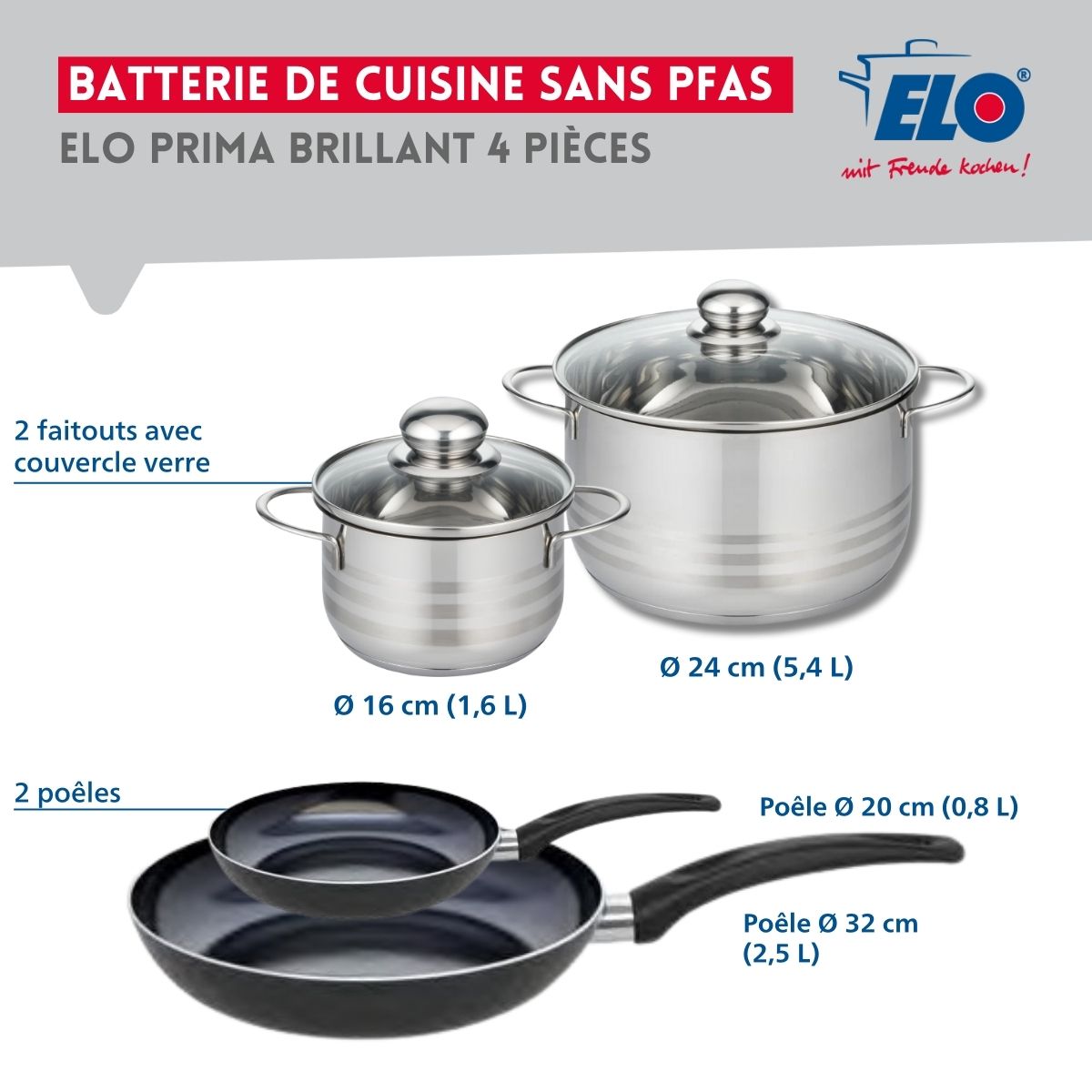 Ensemble de 2 Poêles de cuisson 20 et 32 cm et 2 faitouts 16 et 24 cm  Prima Brillant Elo - Mathon - 2