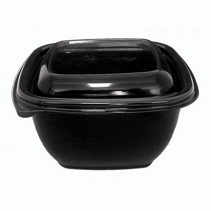 25Pcs - Saladier PET carré noir avec couvercle  130x130x60mm 480ml FirstPack - Mathon