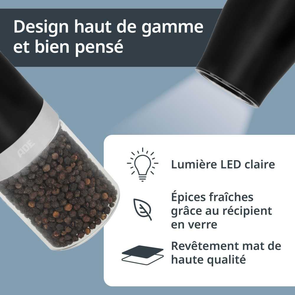 Lot De 2 Moulins électrique - Ade - Mill - Verre/synthétique - H 18,3 Cm - Noir & Blanc ADE - Mathon - 5