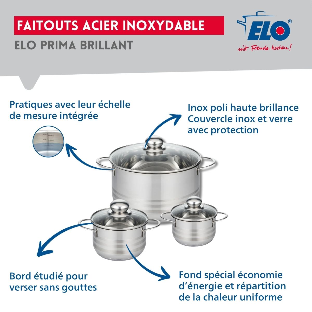 Ensemble de 1 Poêle de cuisson 28 cm et 3 faitouts 12, 14 et 24 cm  Profi Brillant Elo - Mathon - 3