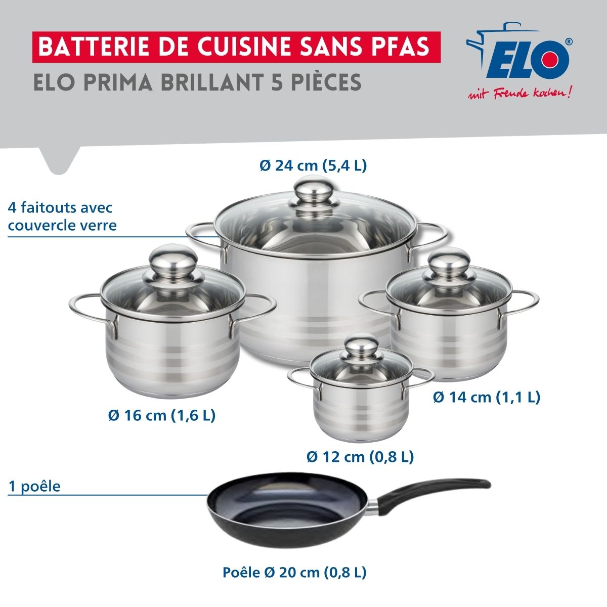 Ensemble de 1 Poêle de cuisson 20 cm et 4 faitouts 12, 14, 16 et 24 cm  Prima Brillant Elo - Mathon - 2