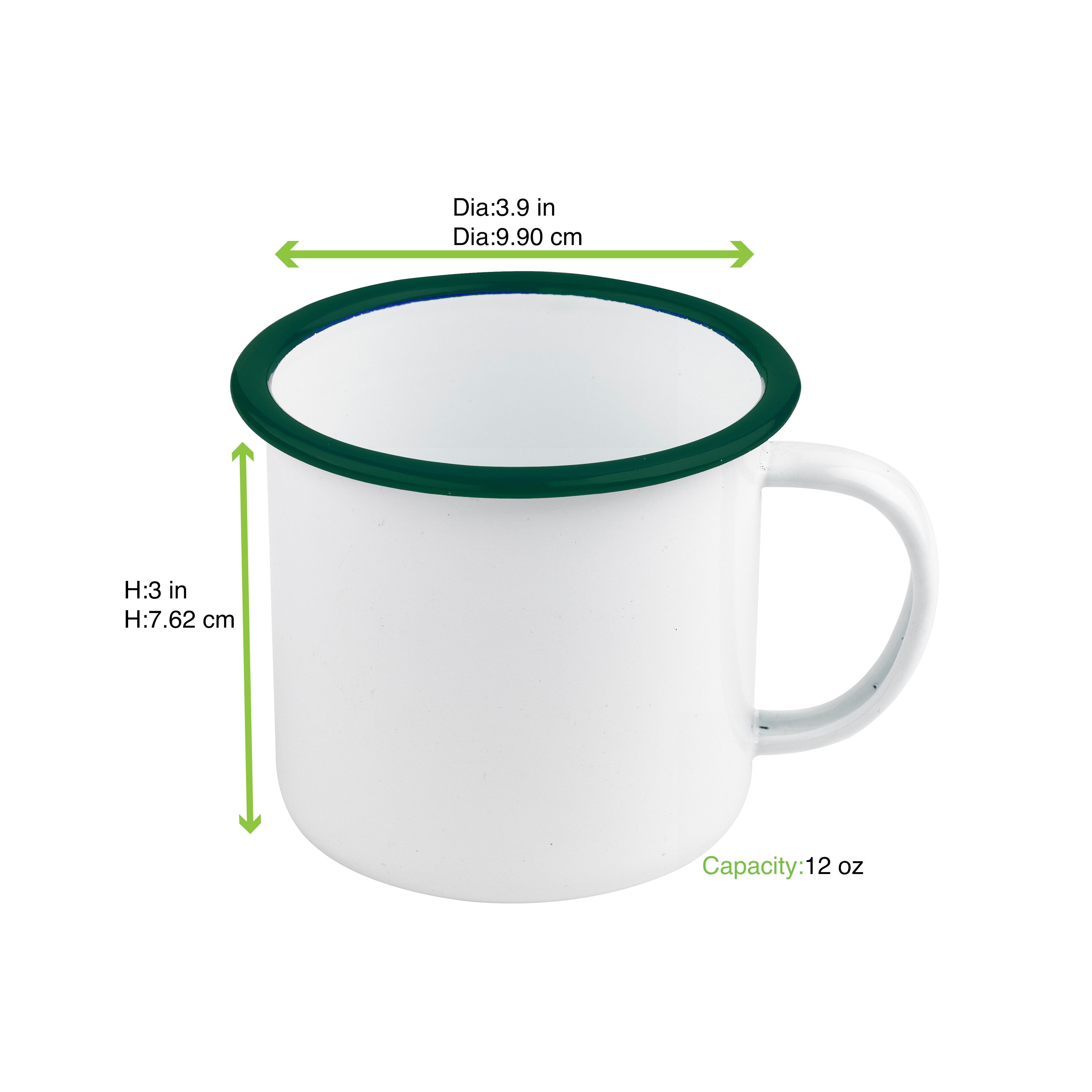 12Pcs - Mug Enamel blanc en acier émaillé à bord vert   H75mm 350ml FirstPack - Mathon - 2