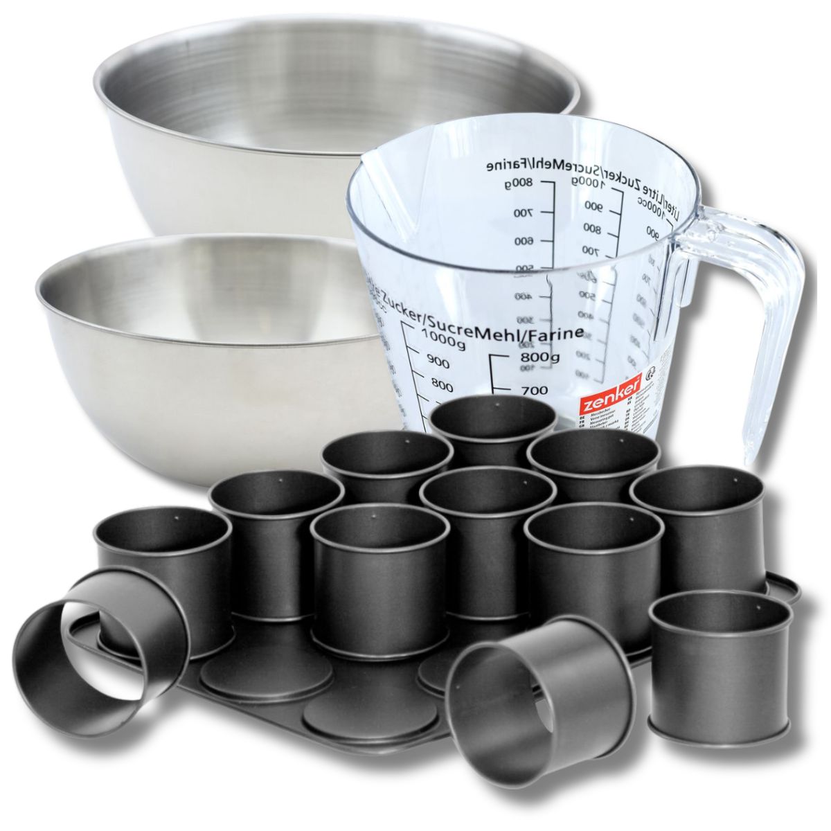 Set pâtisserie avec plaque à 12 mini moules ronds 38 x 30 cm en acier, 2 bols à mixer, verre mesureur et spatule Zenker Zenker - Mathon - 1