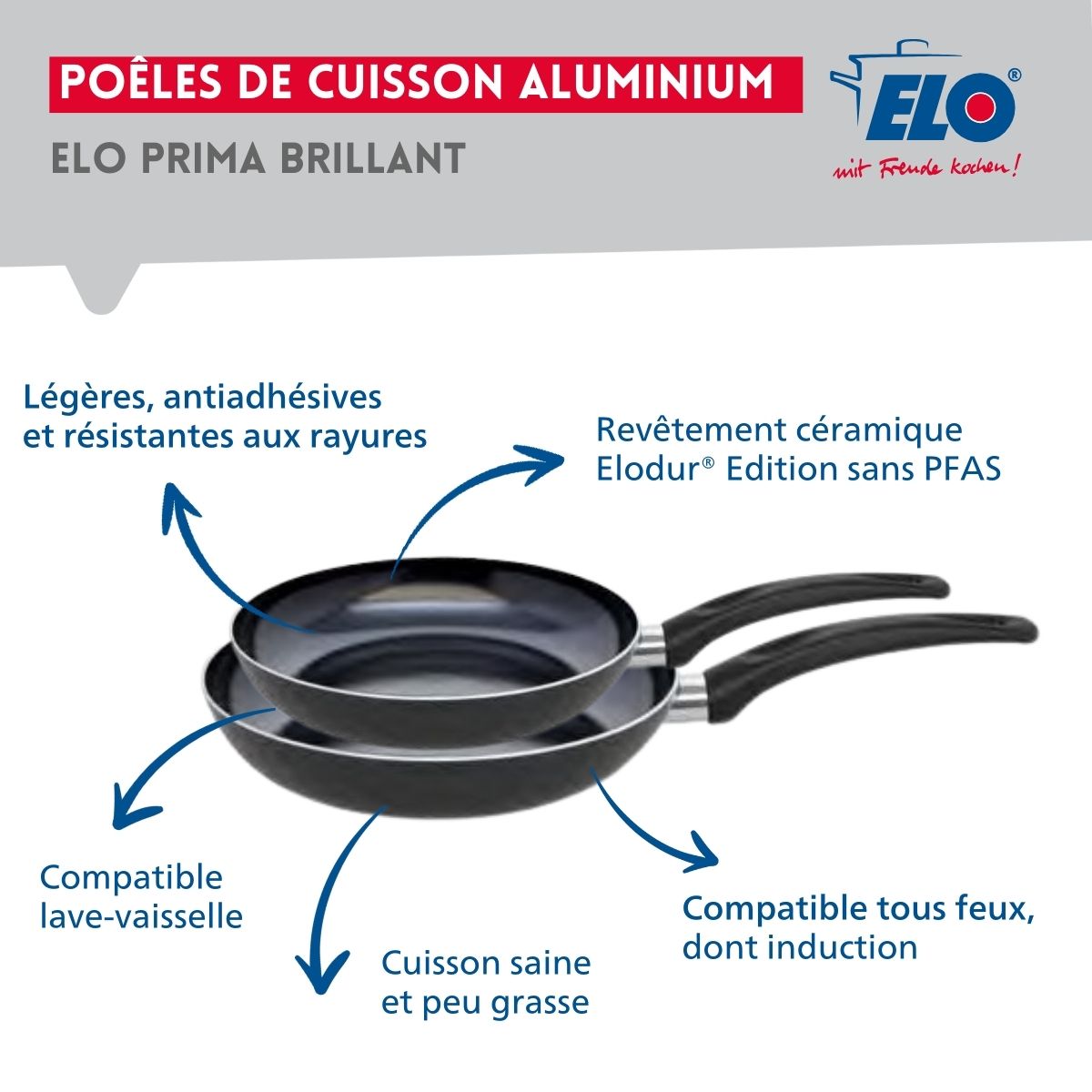 Ensemble de 2 Poêles de cuisson 28 et 32 cm et 2 faitouts 12 et 20 cm  Prima Brillant Elo - Mathon - 4