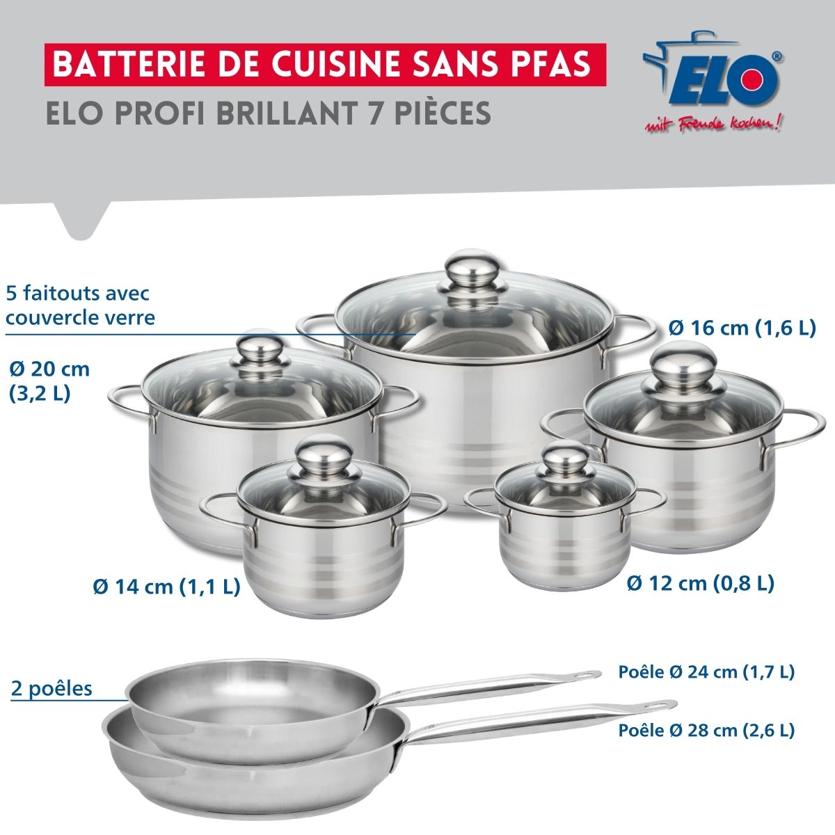 Ensemble de 2 Poêles de cuisson 24 et 28 cm et 5 faitouts 12, 14, 16, 20 et 24 cm  Profi Brillant Elo - Mathon - 2