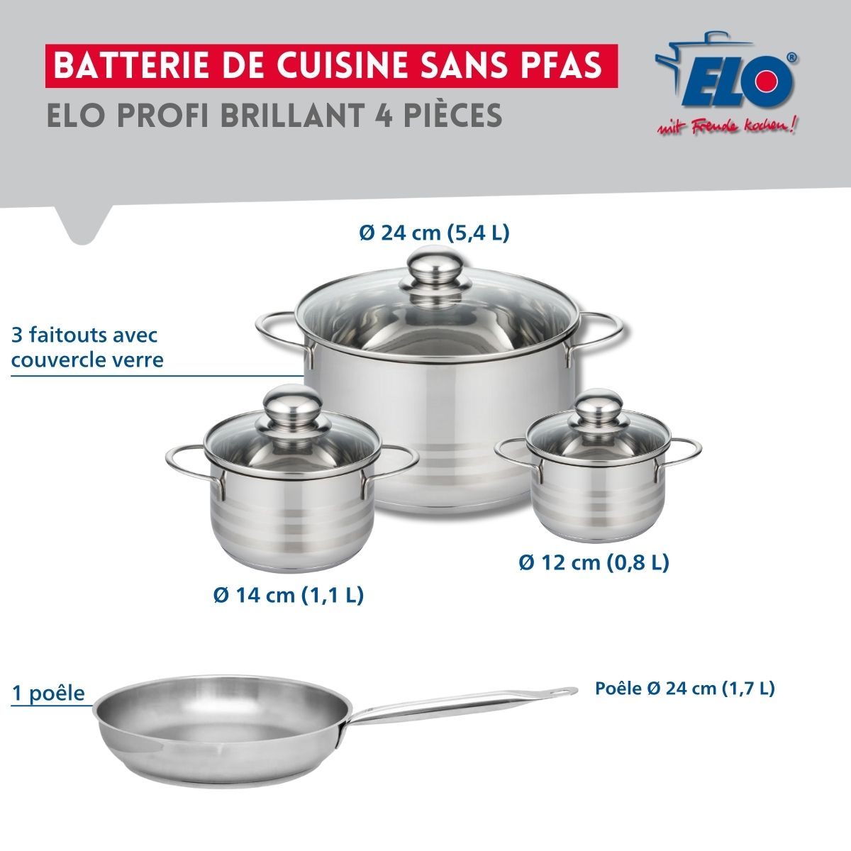 Ensemble de 1 Poêle de cuisson 24 cm et 3 faitouts 12, 14 et 24 cm  Profi Brillant Elo - Mathon - 2