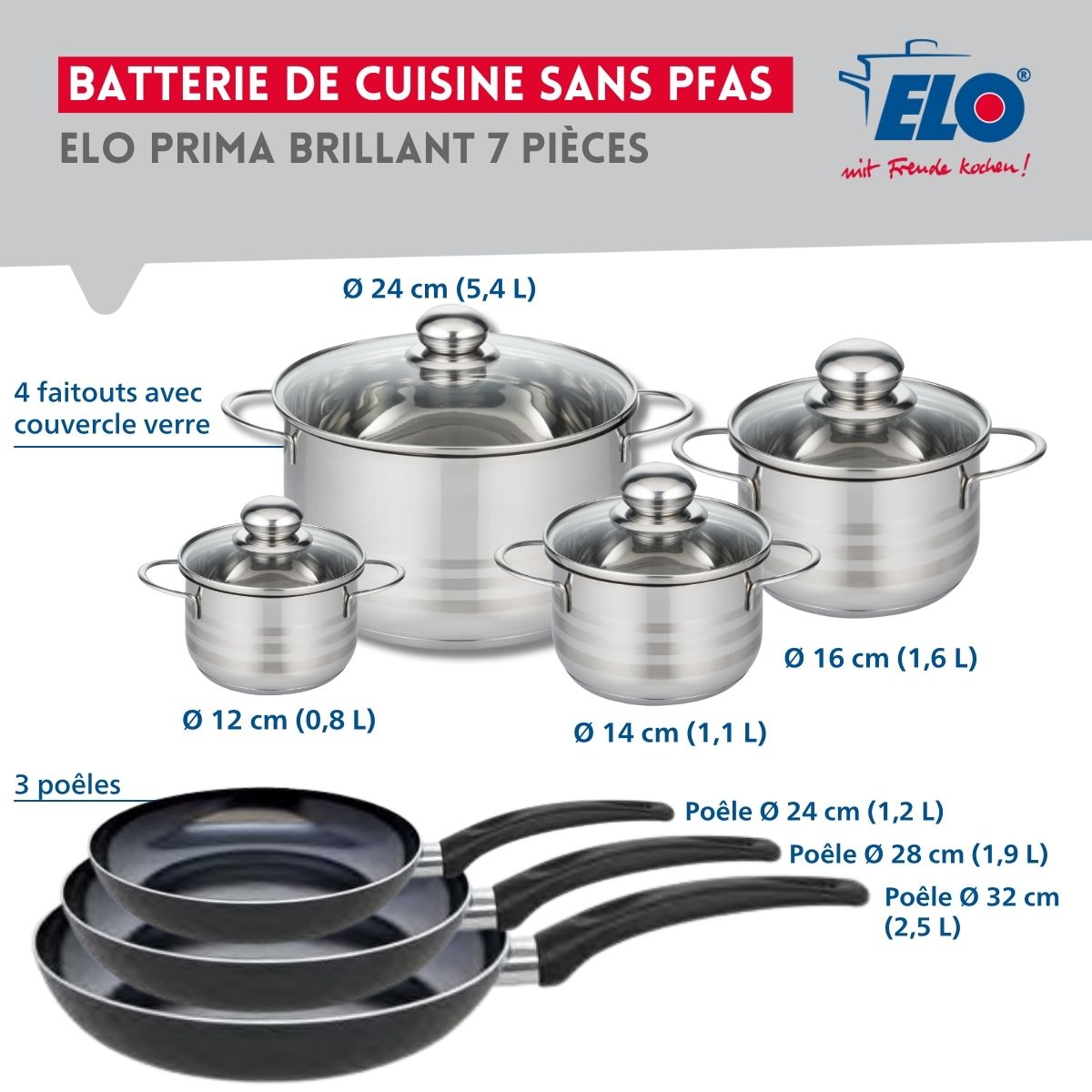 Ensemble de 3 Poêles de cuisson 24, 28 et 32 cm et 4 faitouts 12, 14, 16 et 24 cm  Prima Brillant Elo - Mathon - 2