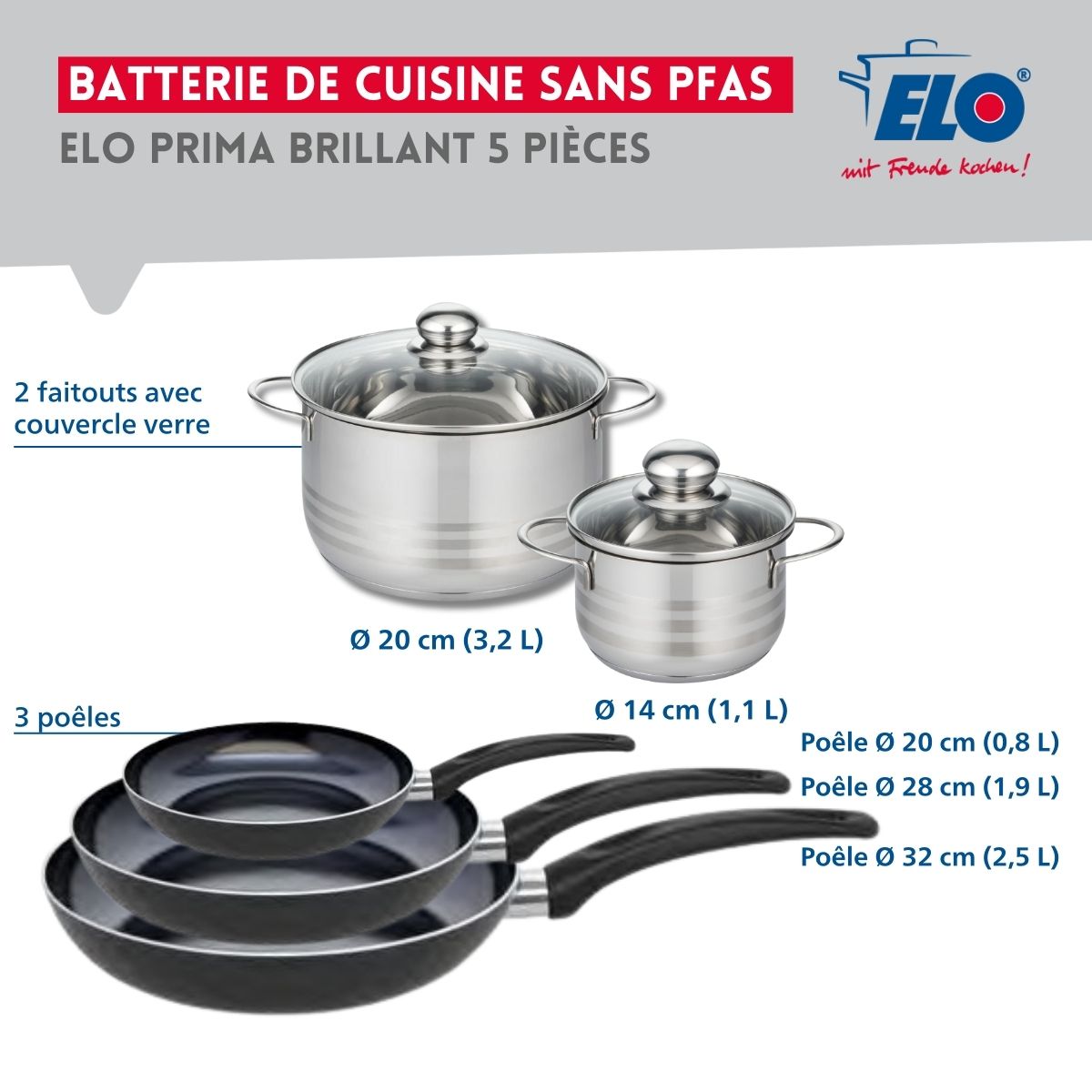 Ensemble de 3 Poêles de cuisson 20, 28 et 32 cm et 2 faitouts 14 et 20 cm  Prima Brillant Elo - Mathon - 2
