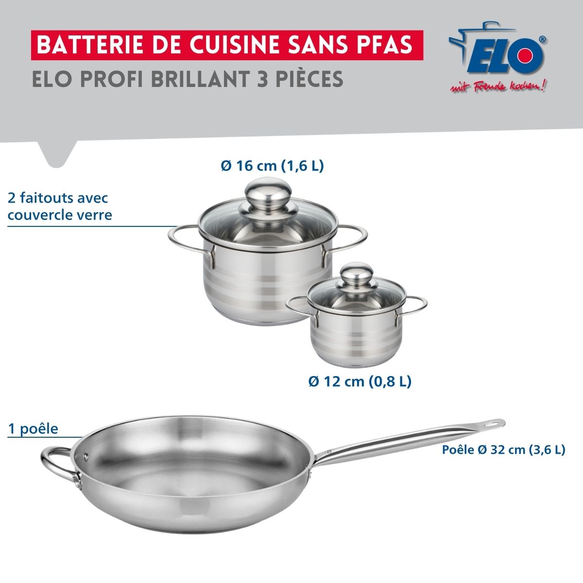 Ensemble de 1 Poêle de cuisson 32 cm et 2 faitouts 12 et 16 cm  Profi Brillant Elo - Mathon - 2