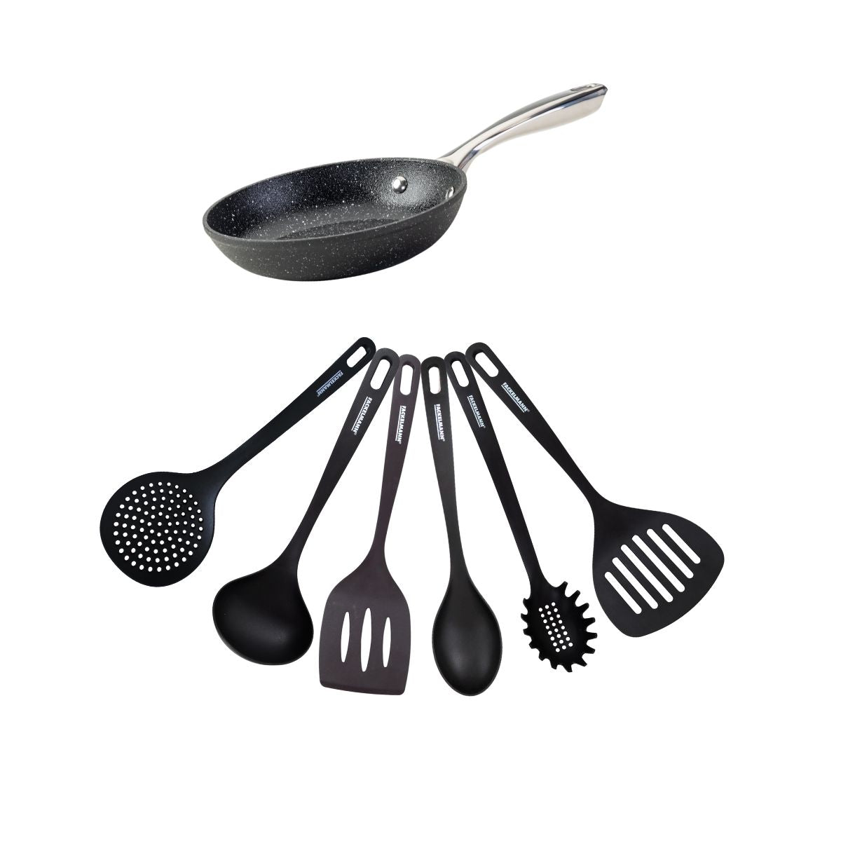 Set poêle 20 cm fonte alu revêtement antiadhésif céramique sans PFAS et 6 ustensiles inox  Crossroad Fackelmann - Mathon - 1