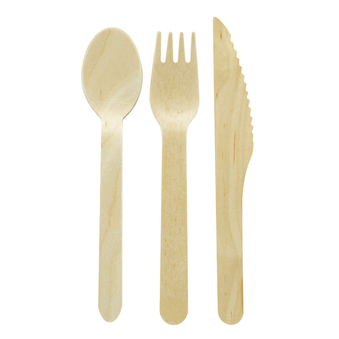 50Pcs - Kit couverts bois 3/1: couteau fourchette cuillère, emballage kraft  H165mm FirstPack - Mathon - 1
