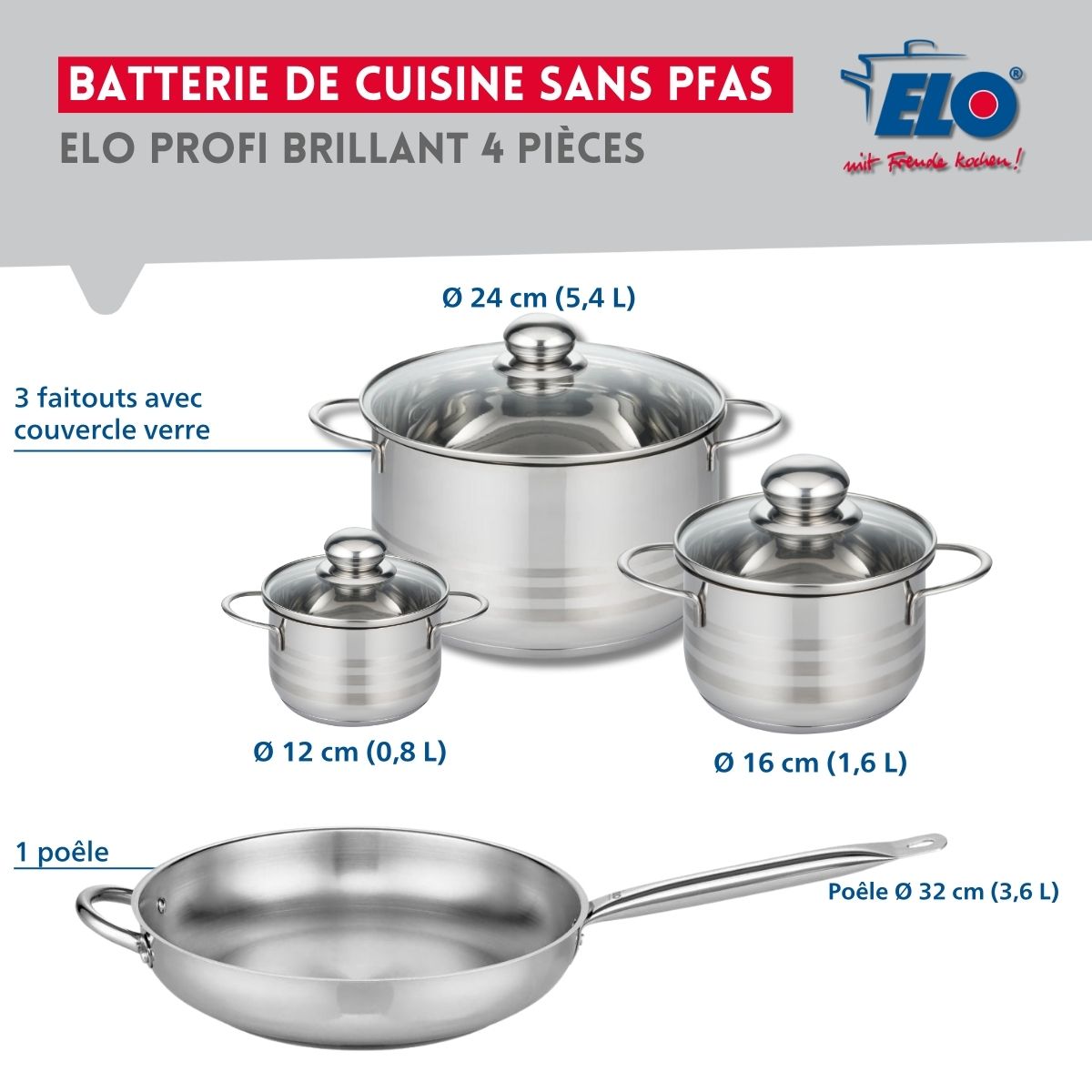 Ensemble de 1 Poêle de cuisson 32 cm et 3 faitouts 12, 16 et 24 cm  Profi Brillant Elo - Mathon - 2