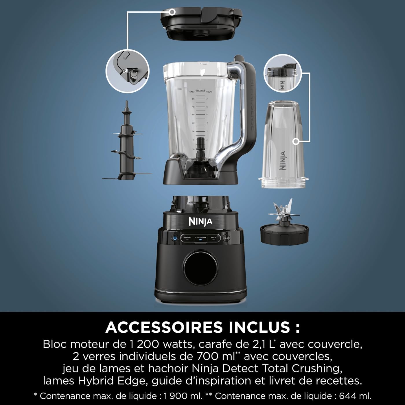 Robot Mixeur Ninja Detect Power Blender Pro 1200w - 2-en-1 - 2l - 15 M Ninja - Mathon - 9