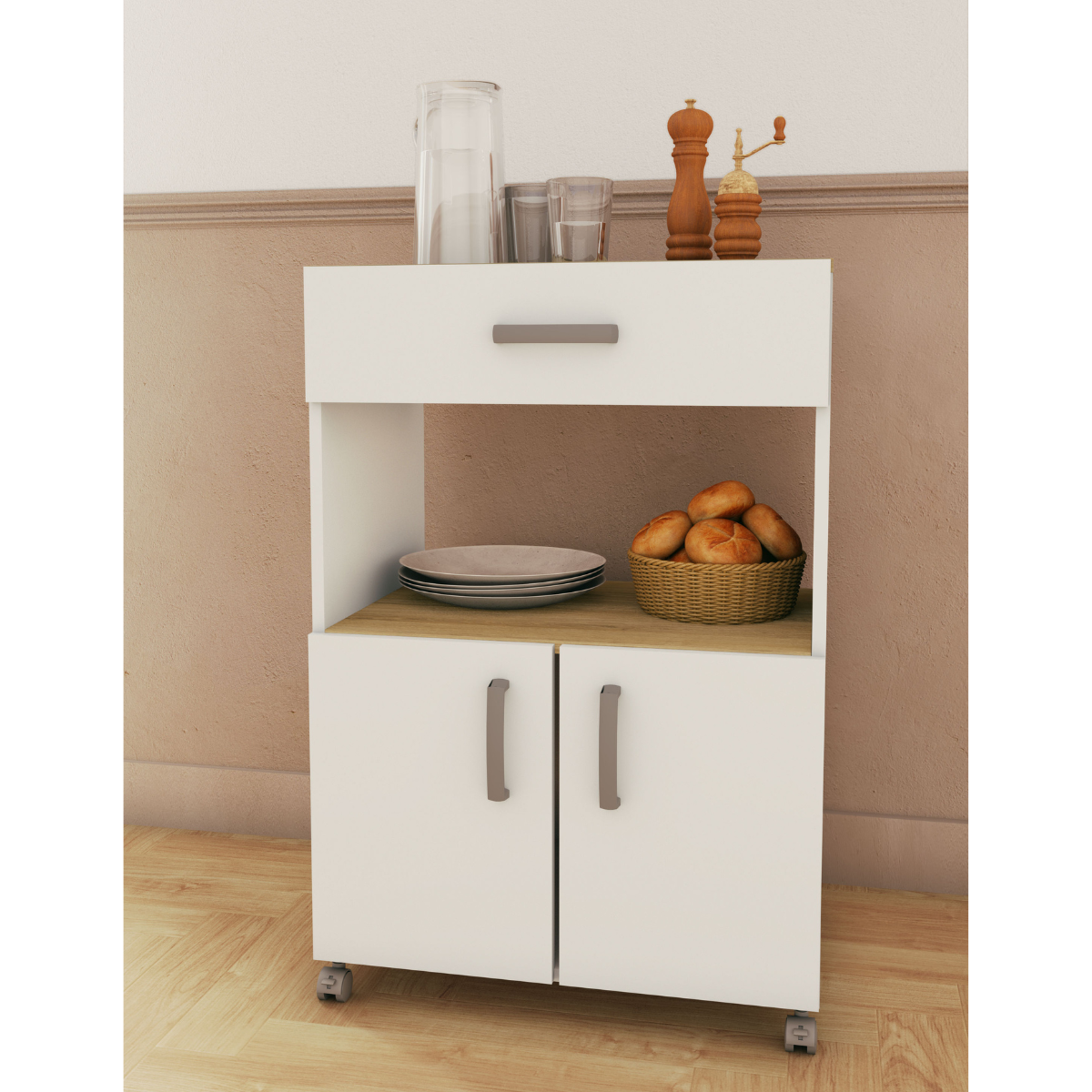 Desserte de cuisine avec 2 portes et 1 tiroir décor chêne et blanc L59,6 cm ANIS Calicosy - Mathon - 2