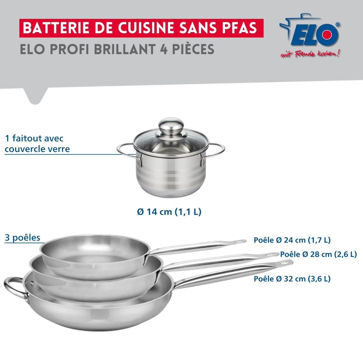 Ensemble de 3 Poêles de cuisson 24, 28 et 32 cm et 1 faitout 14 cm  Profi Brillant Elo - Mathon - 2