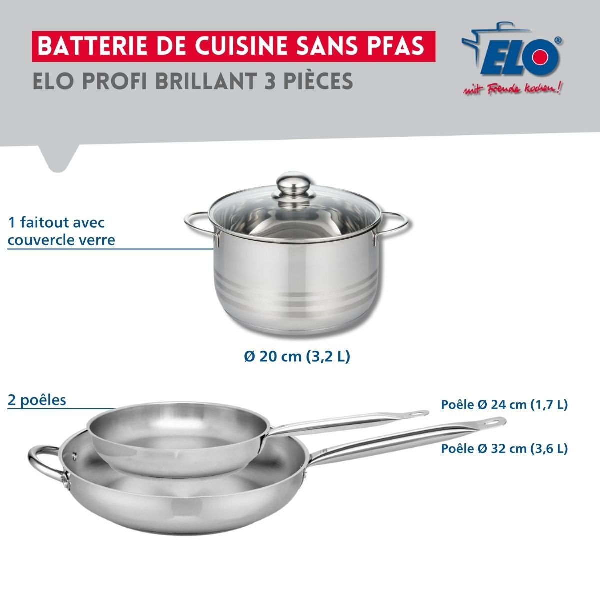 Ensemble de 2 Poêles de cuisson 24 et 32 cm et 1 faitout 20 cm  Profi Brillant Elo - Mathon - 2