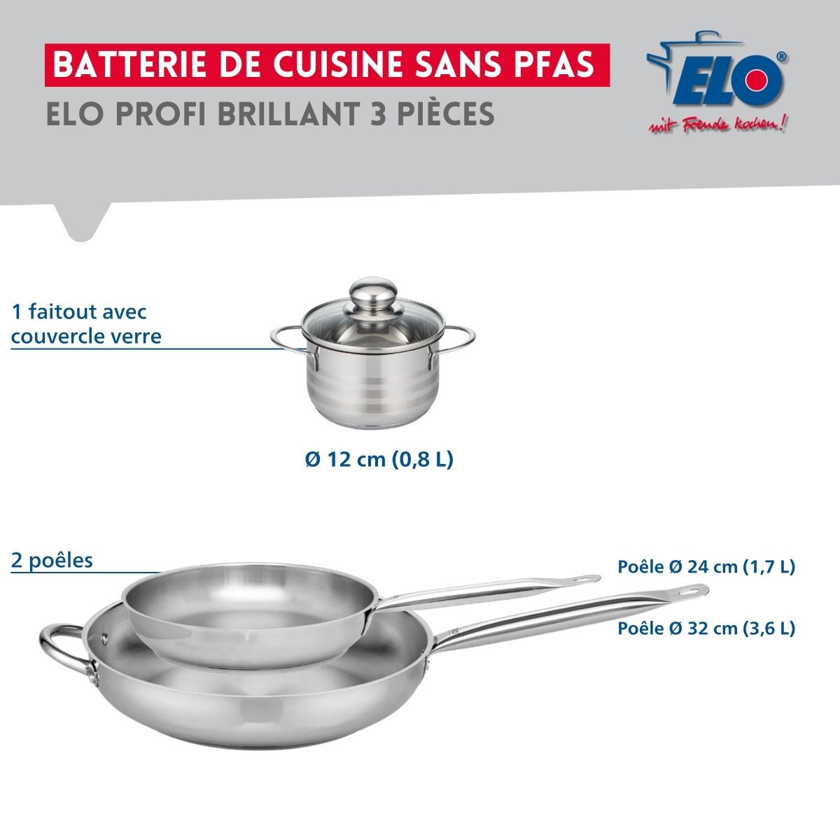 Ensemble de 2 Poêles de cuisson 24 et 32 cm et 1 faitout 12 cm  Profi Brillant Elo - Mathon - 2