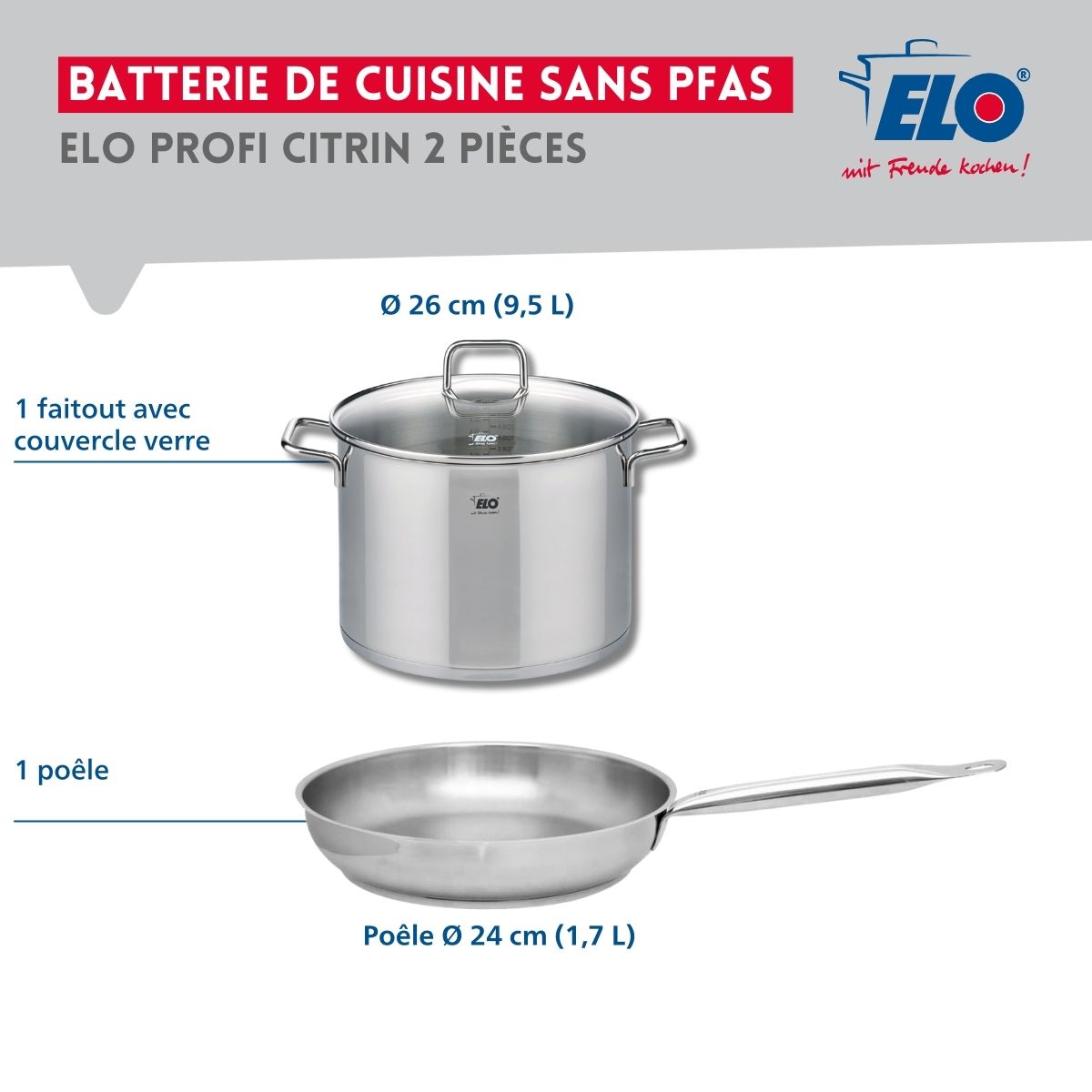 Ensemble de 1 Poêle de cuisson 24 cm et 1 faitout 26 cm  Profi Citrin Elo - Mathon - 2