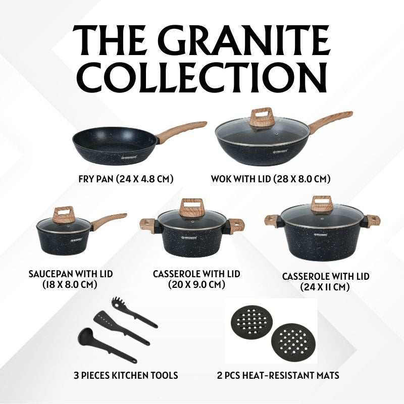 Batterie de cuisine 14 pièces avec revêtement en granit et manche en bois Noir Herzberg HGWDMRB14-BLK Herzberg - Mathon - 3