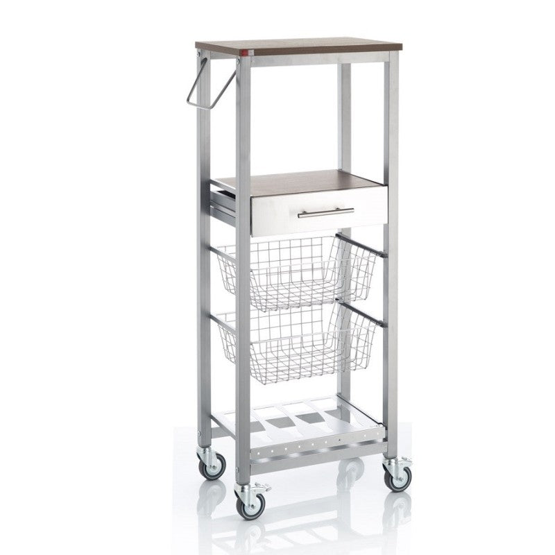 Desserte de cuisine onda alto – meuble métallique finition aluminium avec 2 paniers, tiroir, porte-bouteilles Don Hierro - Mathon - 3
