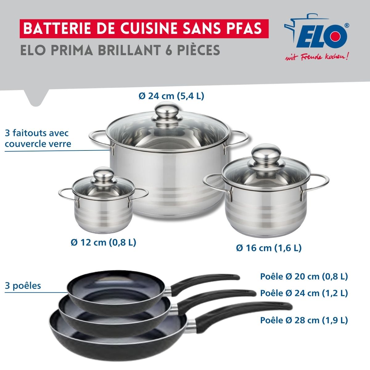 Ensemble de 3 Poêles de cuisson 20, 24 et 28 cm et 3 faitouts 12, 16 et 24 cm  Prima Brillant Elo - Mathon - 2