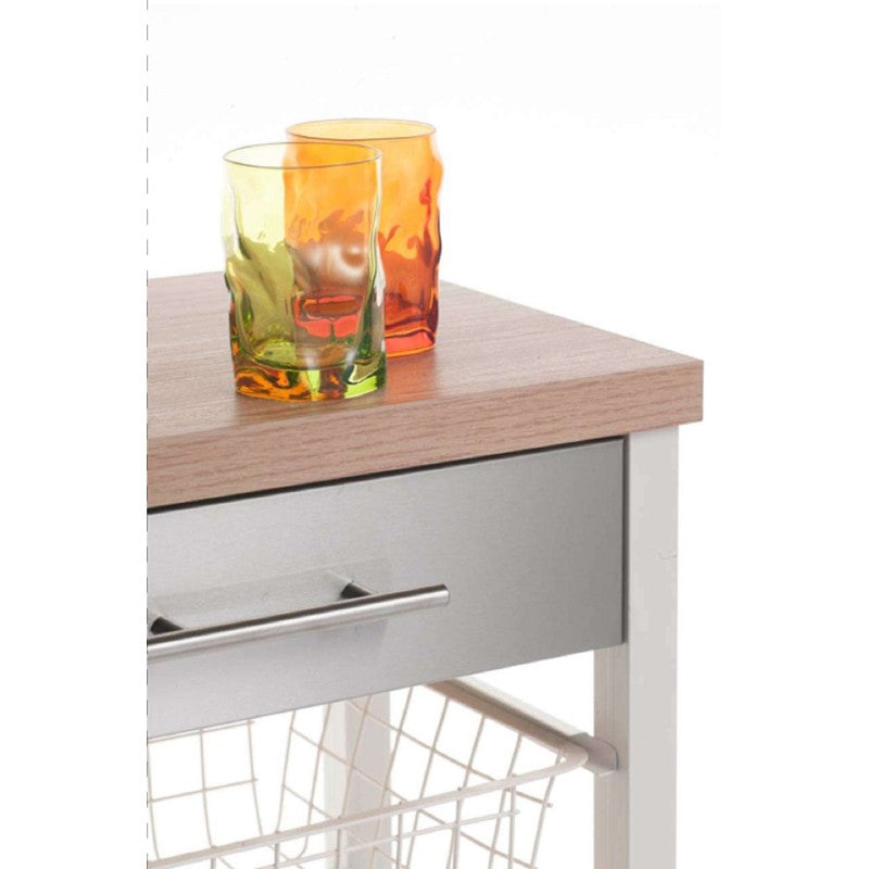 Desserte de cuisine double, Série ONDA DOUBLE, couleurs: Blanc-Inox-Bois d