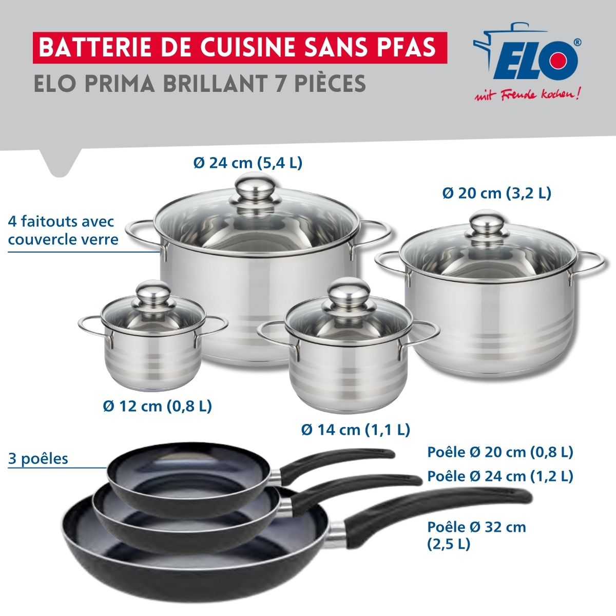 Ensemble de 3 Poêles de cuisson 20, 24 et 32 cm et 4 faitouts 12, 14, 20 et 24 cm  Prima Brillant Elo - Mathon - 2