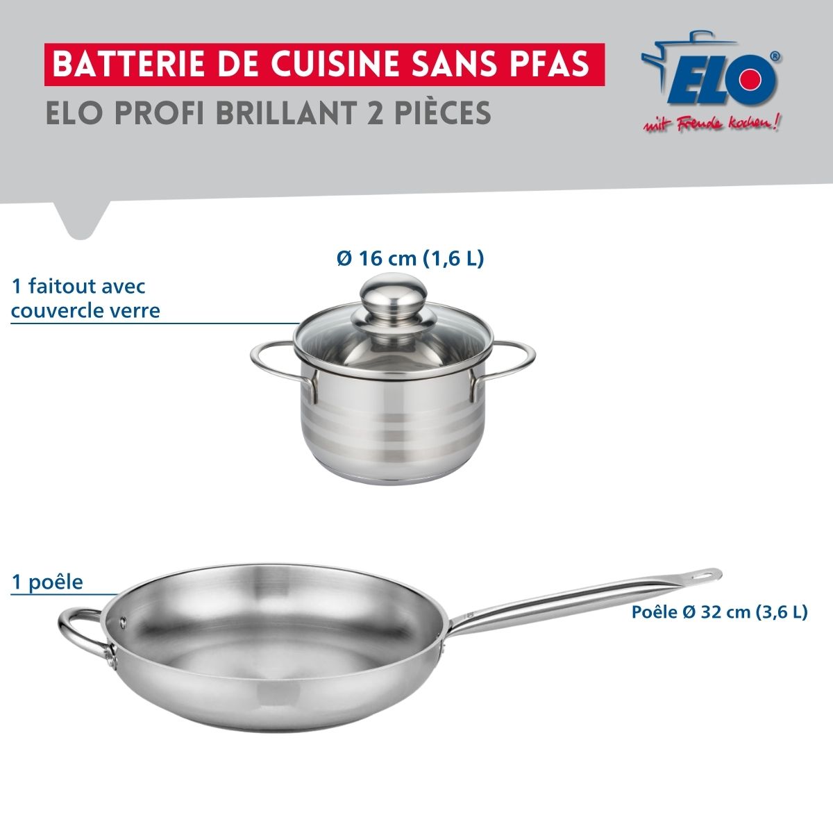 Ensemble de 1 Poêle de cuisson 32 cm et 1 faitout 16 cm  Profi Brillant Elo - Mathon - 2