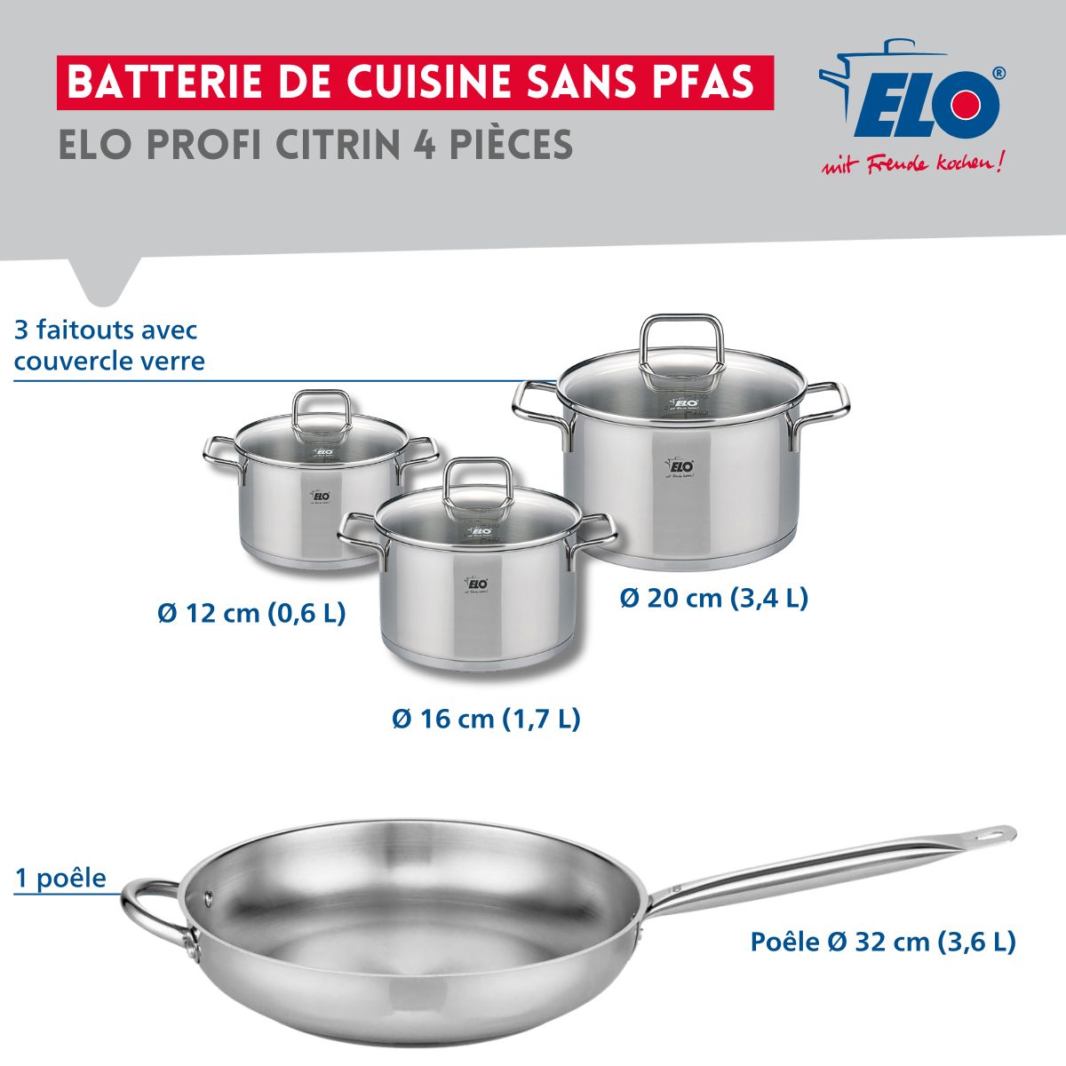 Set de 1 Poêle de cuisson 32 cm et 3 faitouts 12, 16 et 20 cm  Profi Citrin Elo - Mathon - 2
