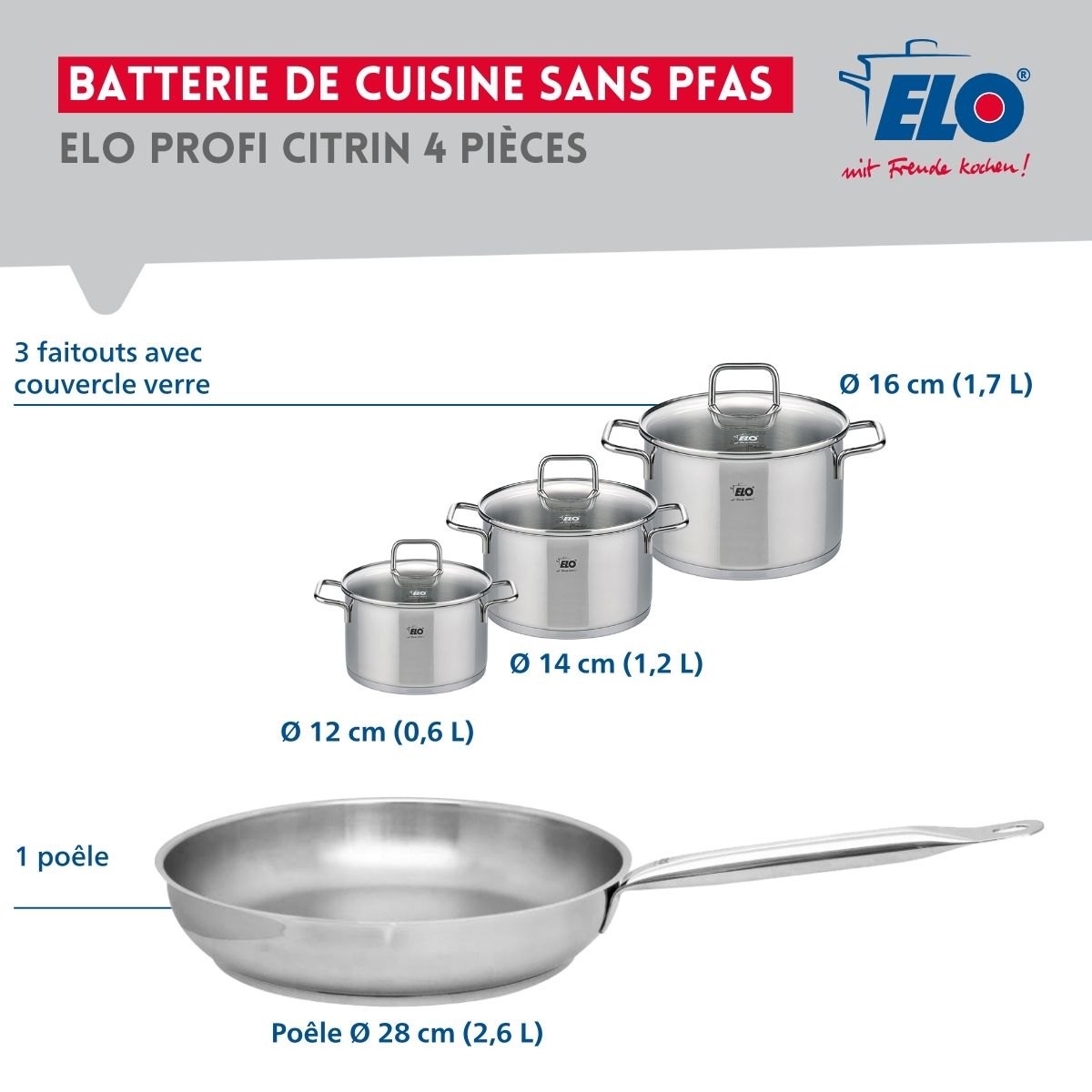Ensemble de 1 Poêle de cuisson 28 cm et 3 faitouts 12, 14 et 16 cm  Profi Citrin Elo - Mathon - 2