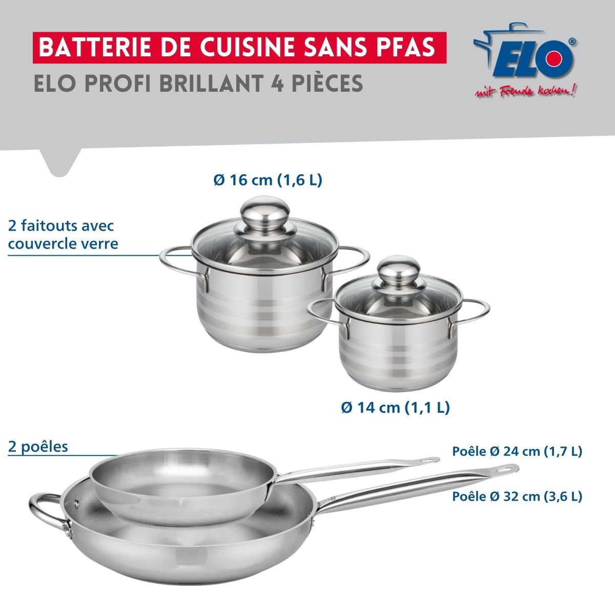 Ensemble de 2 Poêles de cuisson 24 et 32 cm et 2 faitouts 14 et 16 cm  Profi Brillant Elo - Mathon - 2