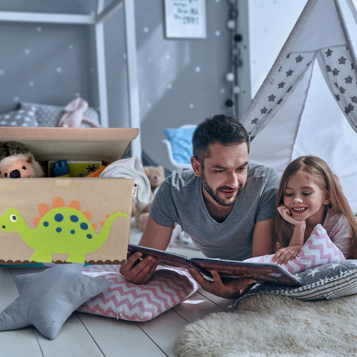 Boîte de rangement en tissu pour enfant grand modèle Dinosaure "Stégosaure " avec couvercle Lifeney Fackelmann - Mathon - 2
