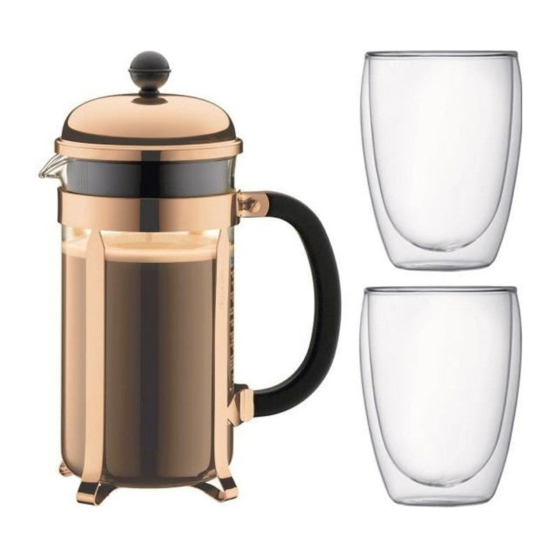 Bodum Chambord Set Cafetiere A Piston - 8 Tasses - 1l -marron - Avec 2 Verres Double Paroi Pavina 0,35l Bodum - Mathon - 1