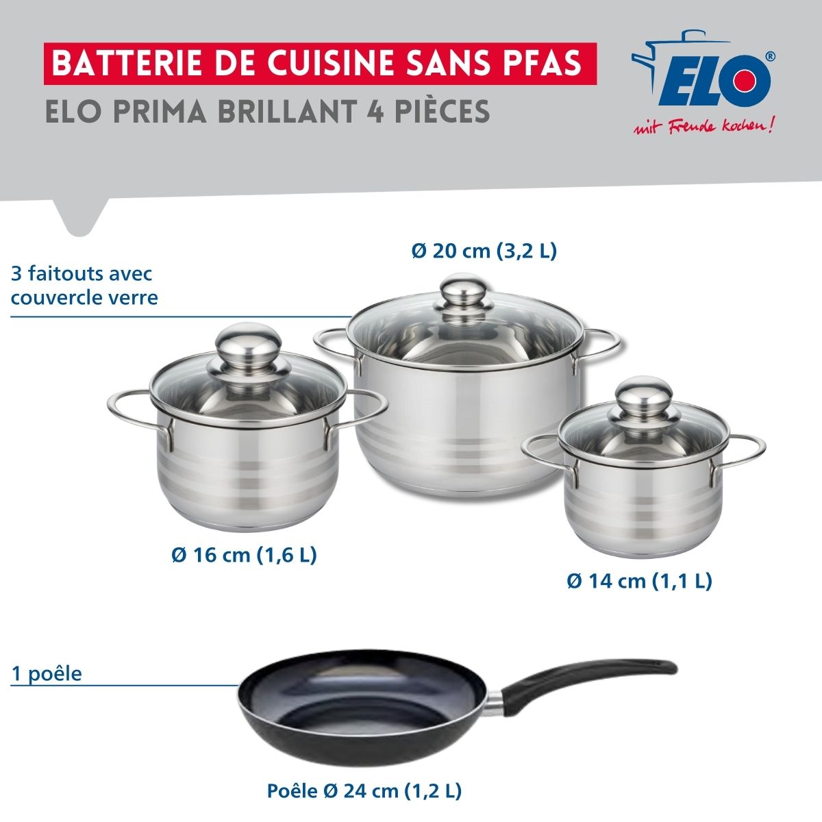 Ensemble de 1 Poêle de cuisson 24 cm et 3 faitouts 14, 16 et 20 cm  Prima Brillant Elo - Mathon - 2