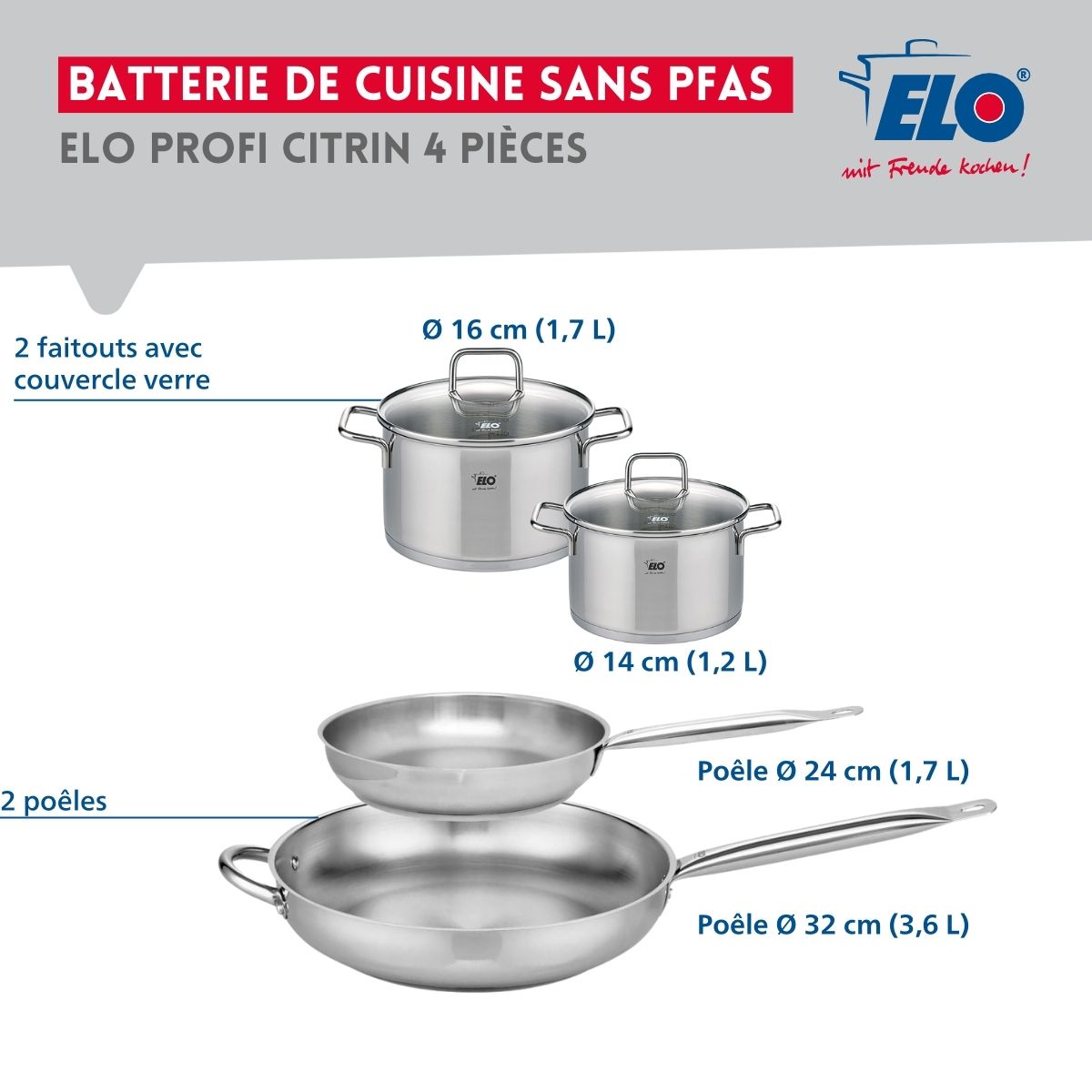Ensemble de 2 Poêles de cuisson 24 et 32 cm et 2 faitouts 14 et 16 cm  Profi Citrin Elo - Mathon - 2