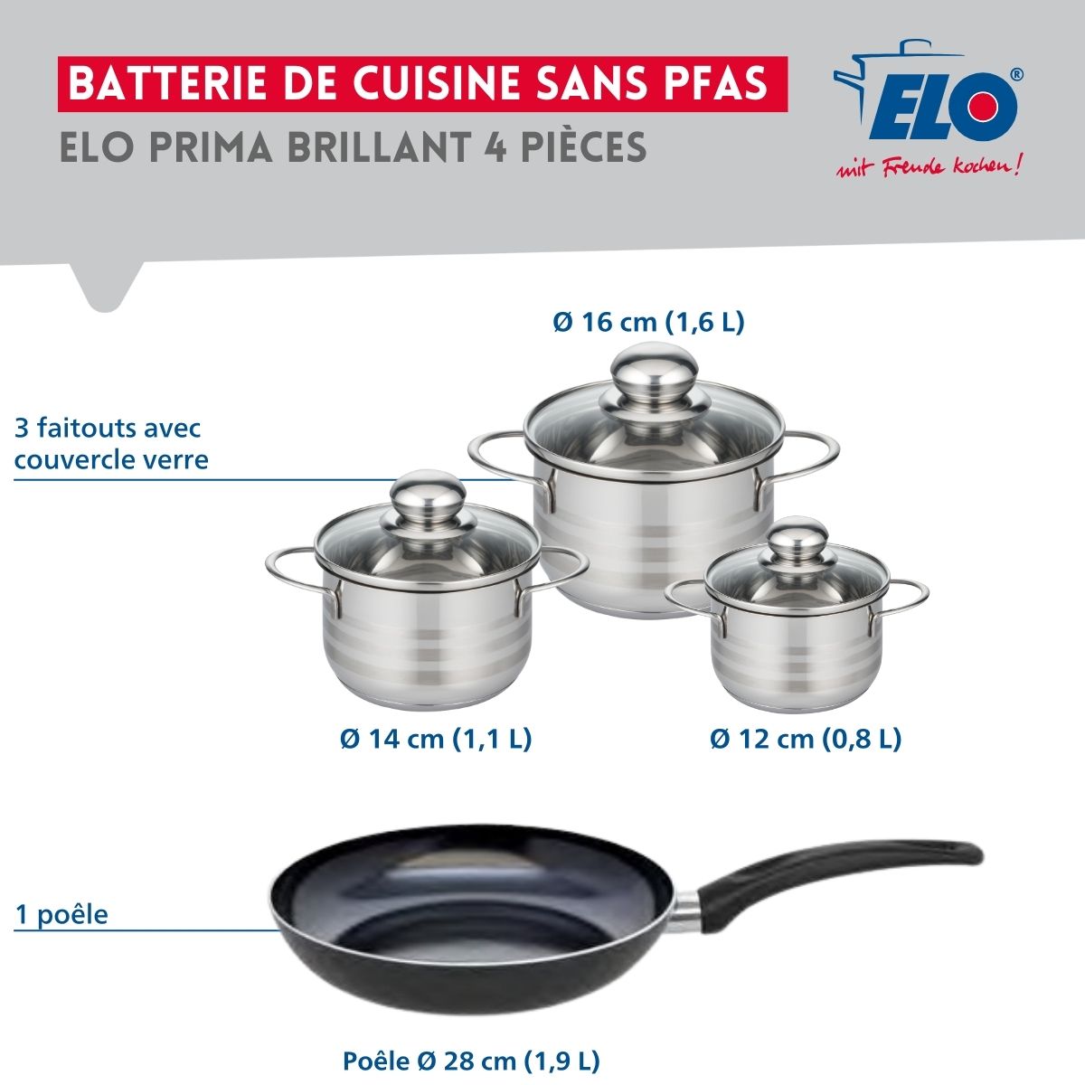 Ensemble de 1 Poêle de cuisson 28 cm et 3 faitouts 12, 14 et 16 cm  Prima Brillant Elo - Mathon - 2