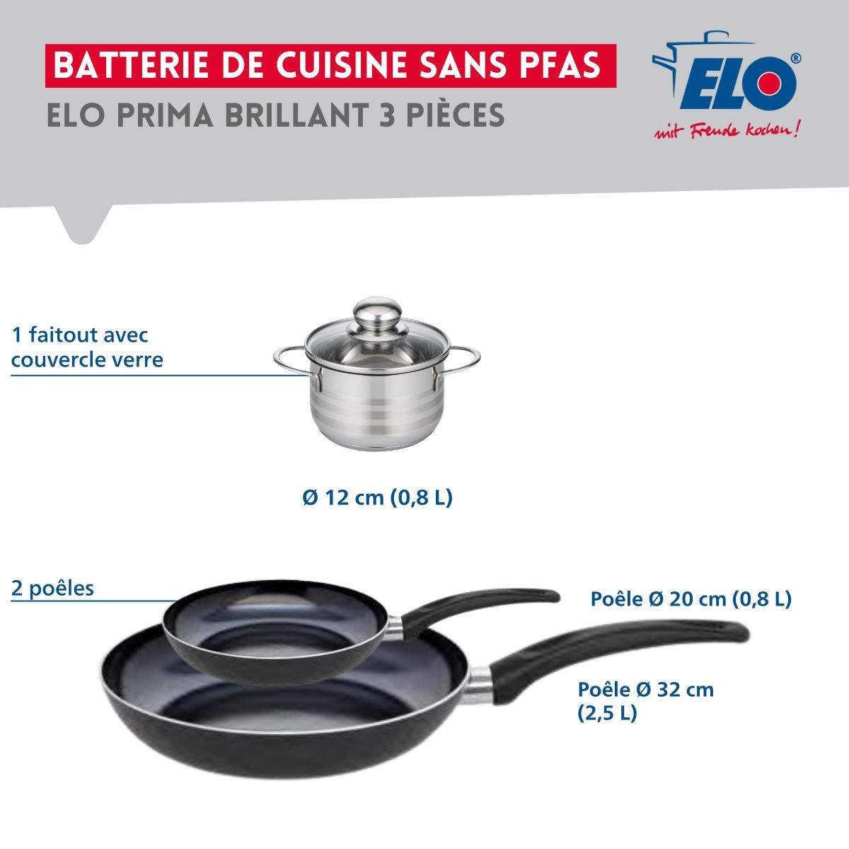 Ensemble de 2 Poêles de cuisson 20 et 32 cm et 1 faitout 12 cm  Prima Brillant Elo - Mathon - 2