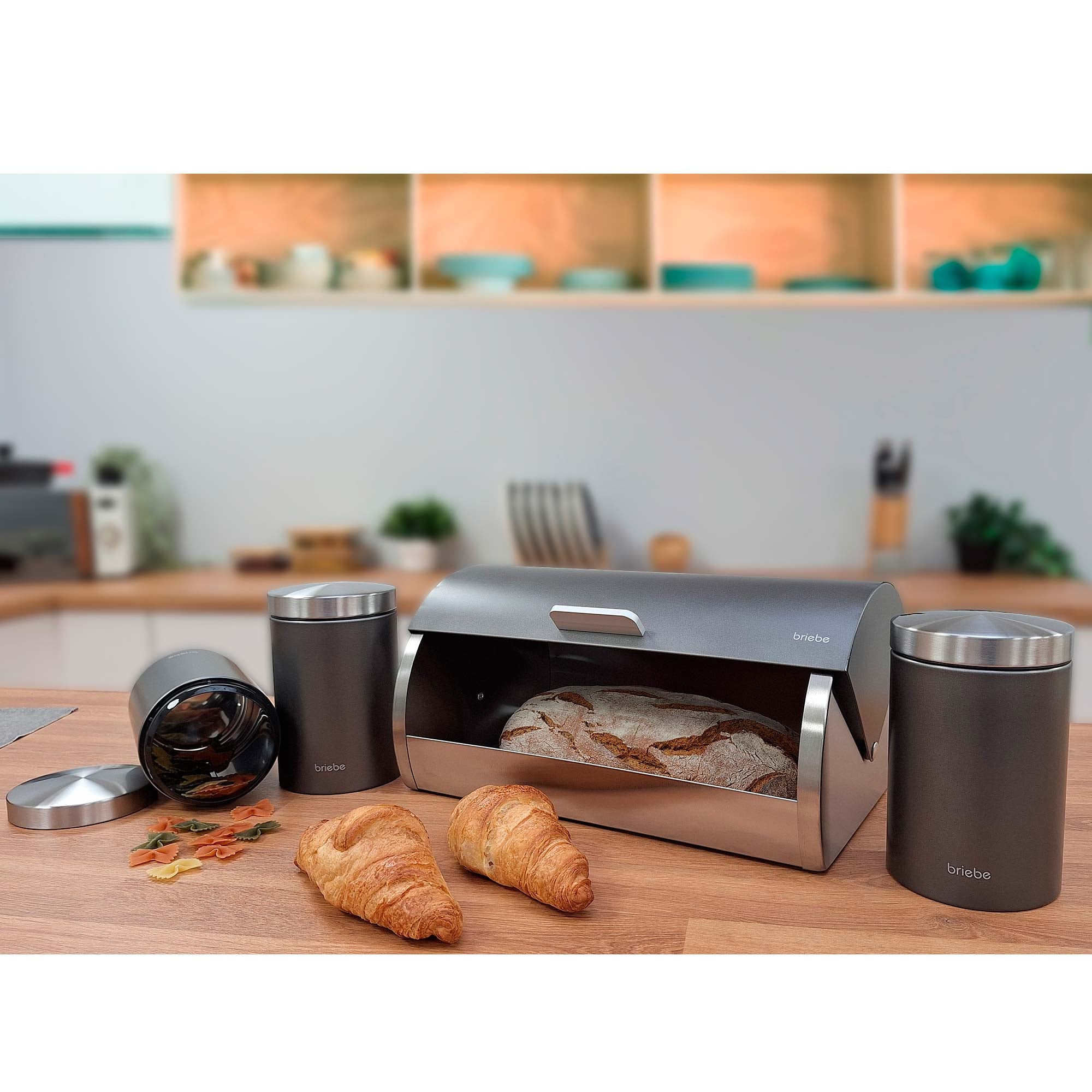 Ensemble Boîte à Pain + 3 Boîtes de Cuisine, Rangement, Acier Inoxydable  Gris/Inox BB1161 - Mathon - 2