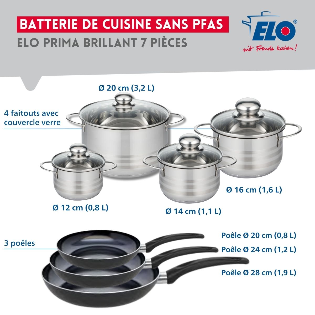 Ensemble de 3 Poêles de cuisson 20, 24 et 28 cm et 4 faitouts 12, 14, 16 et 20 cm  Prima Brillant Elo - Mathon - 2
