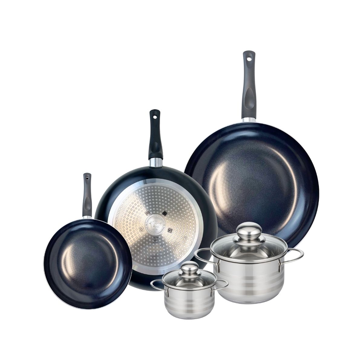 Ensemble de 3 Poêles de cuisson 20, 28 et 32 cm et 2 faitouts 12 et 16 cm  Prima Brillant Elo - Mathon - 1