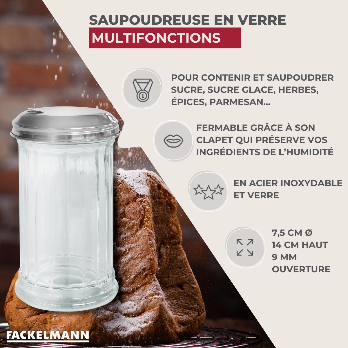 Ensemble de 2 Saupoudreuses en verre et couvercle inox 14 cm  Basic Fackelmann - Mathon - 3