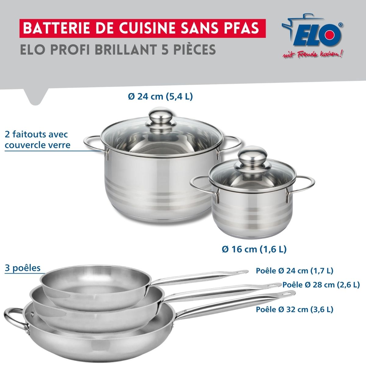 Ensemble de 3 Poêles de cuisson 24, 28 et 32 cm et 2 faitouts 16 et 24 cm  Profi Brillant Elo - Mathon - 2