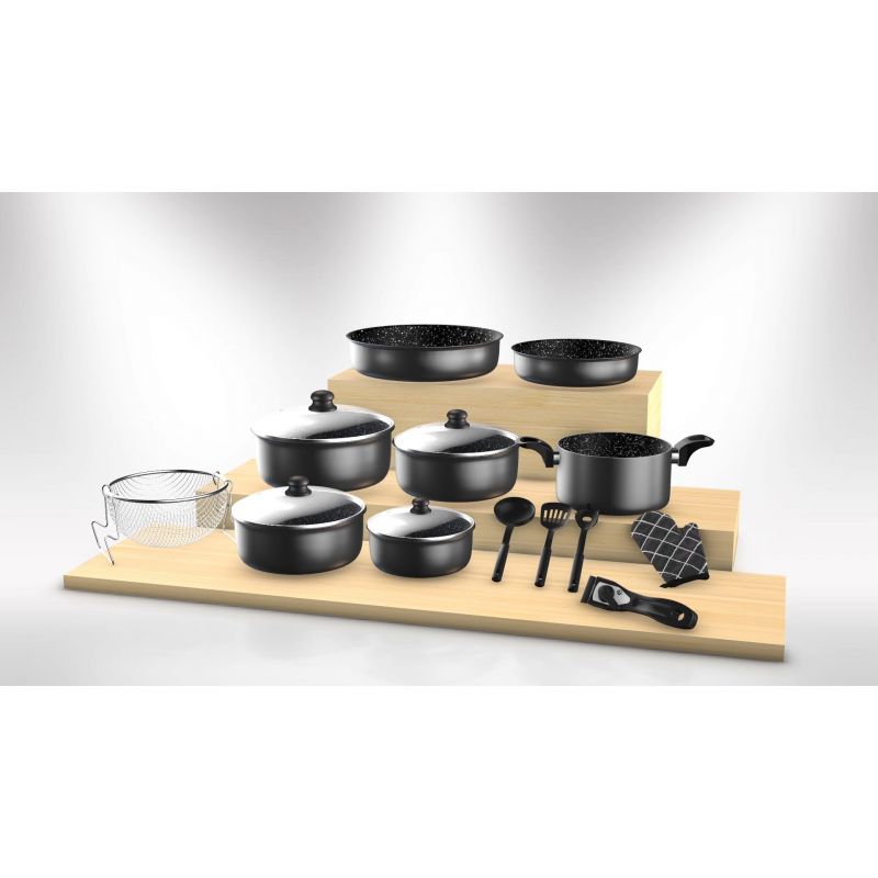 Batterie de cuisine revêtement pierre avec manche amovible 17 pièces noir Herzberg  HG8055-BLK Herzberg - Mathon - 2
